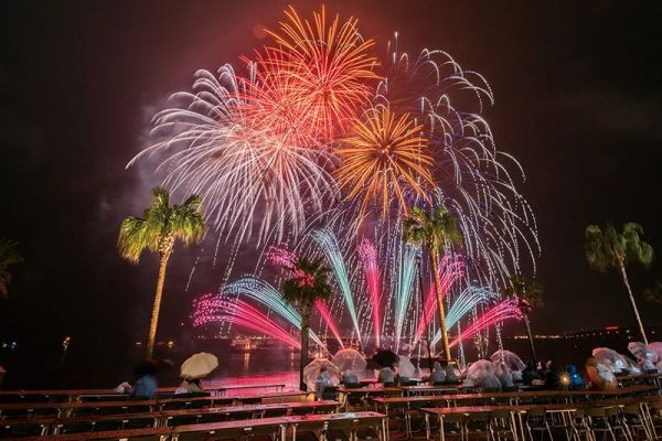 2023年第8回目大会より、雨天の中での花火。