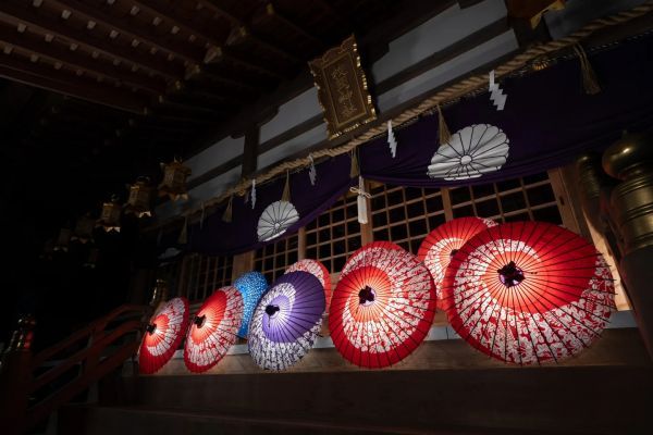 「傘蛍」(光る和傘)のライトアップ