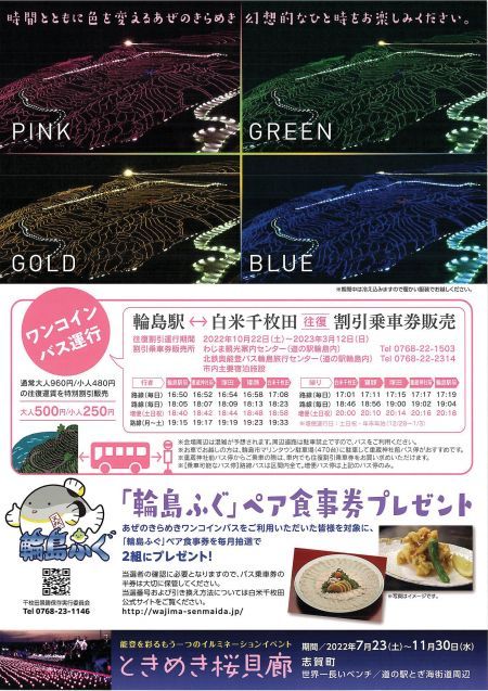 ピンク、グリーン、ゴールド、ブルーと15分ごとに色を変えながら棚田の季節の移ろいを表現し、幻想的な世界が広がります