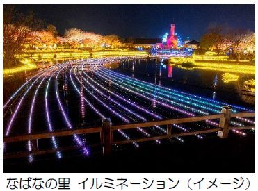 なばなの里 イルミネーション」へは電車とバスで 便利にお得に 近鉄長島駅に急行を臨時停車、「なばなの里」への 直通バスを運行！｜イルミネーション特集