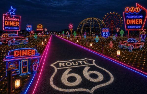 ルート66のシールドサインを舗装路上へゴボライトで照射