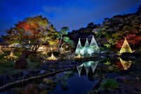 肥後細川庭園で紅葉ライトアップのほか、熊本城特別公開記念として、被災した本物の熊本城鯱瓦の展示や、刀剣「蛍丸」押し型パネル展示などを実施
