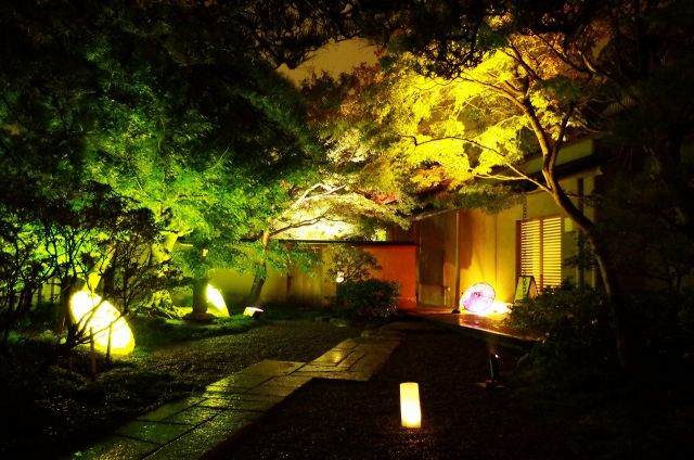 庭園内の本格茶室『松籟亭（しょうらいてい）』も幻想的にライトアップされる