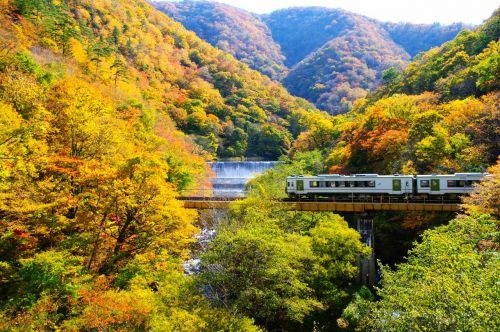 JR山田線 閉伊川に造られた大峠ダム周辺は、新緑と紅葉の知られざる名所