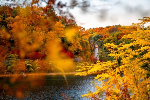宮沢湖の向こうに見える灯台と紅葉