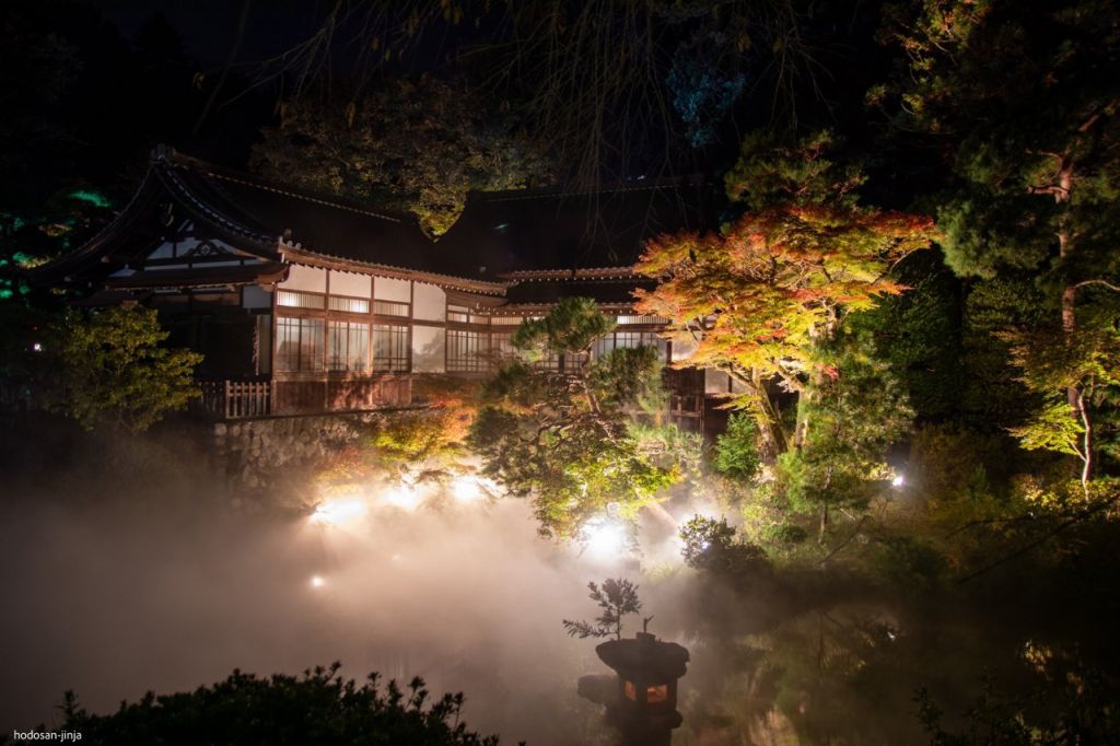 雲海の演出とライトアップされた寳登山神社の池