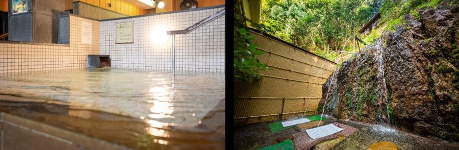 写真左）神辺天然温泉 ぐらんの湯 源泉浴槽　（写真右）湯の山温泉館 打たせ湯